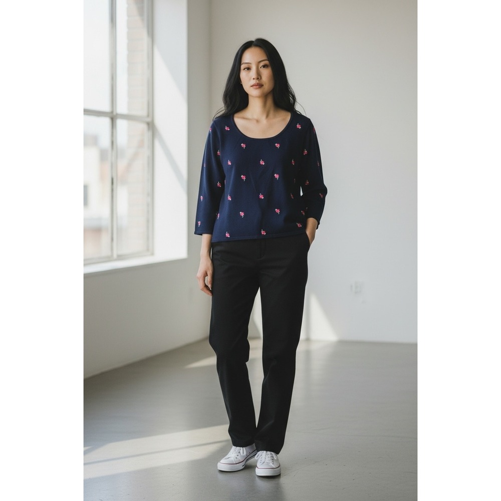 Sydney Easton Navy Rose Embroidered Dainty Floral Knit Sweater Cottagecore Lg